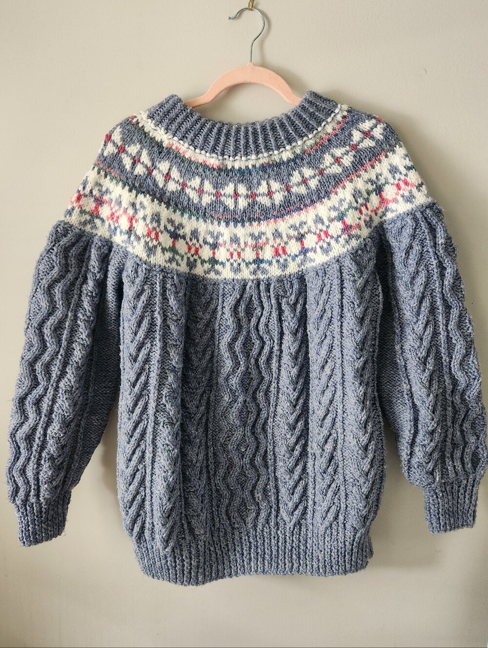 Handknit Fair Isle Nordic Yoke Chunky Cableknit Sweater Blue/Gray